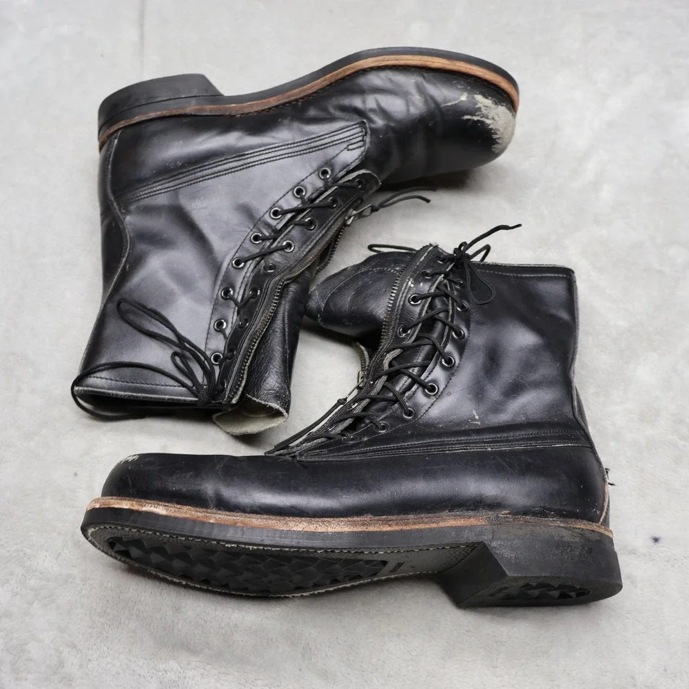 Addison Military Mens 9.5D Combat Boot Black Leather Zipper Lace Zip Utility VTG